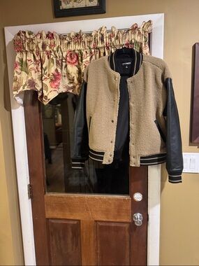 Steve Madden Tan Sherpa Jacket with Black Leather Sleeves
